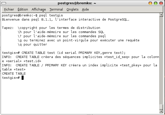 Le moniteur psql - Connexion  la base testgis.