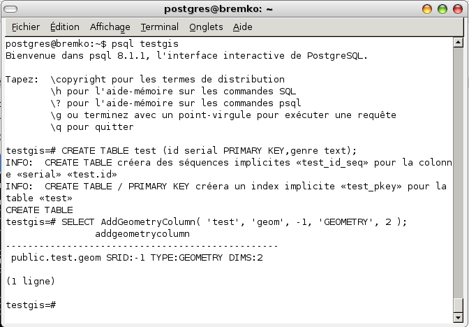 psql: Fonction AddGeometryColumn() de PostGIS