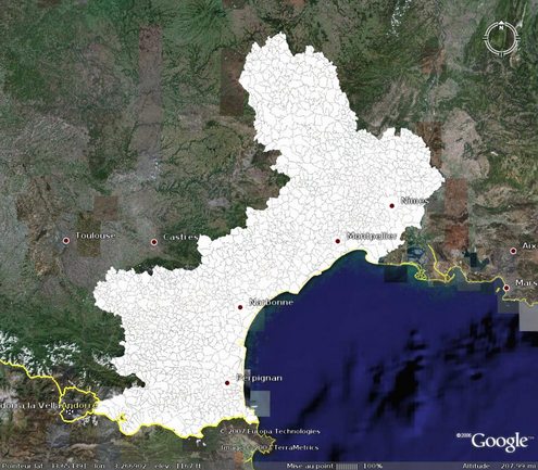 Communes du Languedoc-Roussillon: exportation au format KML exploitable par Google Earth.