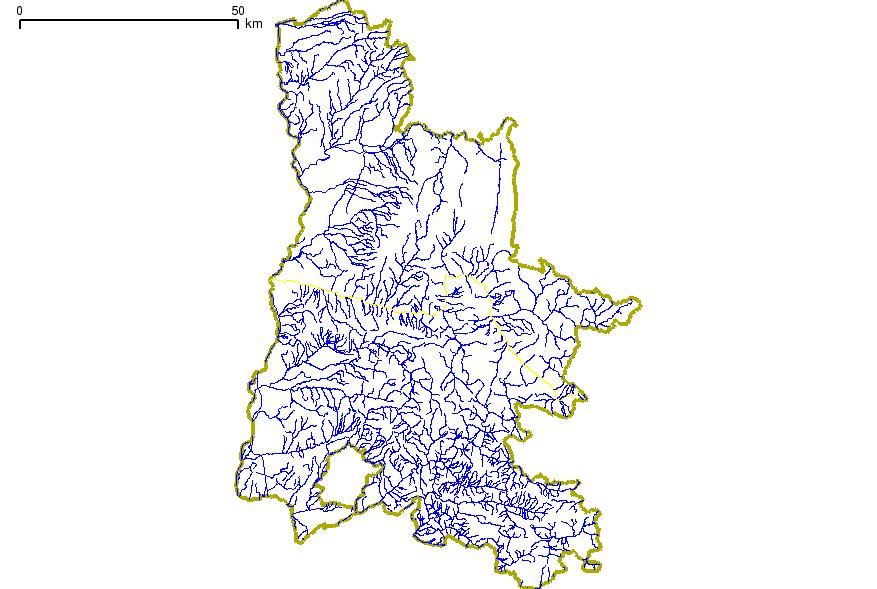 Reconstitution du rseau hydrolique de la DROME (26). La drme est en jaune sur l'image.