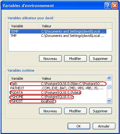 Exemple d'emploi de variables d'environnement de PostgreSQL 8.0.0 pour une connexion cliente.  adapter ici pour la version 8.2.1