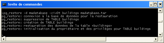 Restauration de la table buildings dans la base madatabase - pg_restore -