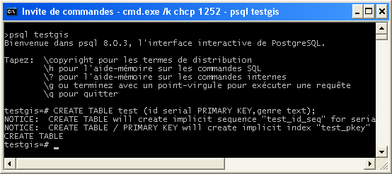 Le moniteur psql - Connexion  la base testgis.