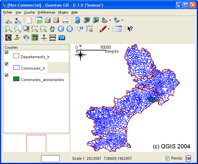 QGIS: Affichage des tables communes_lr, departements_lr et communes_avoisinantes